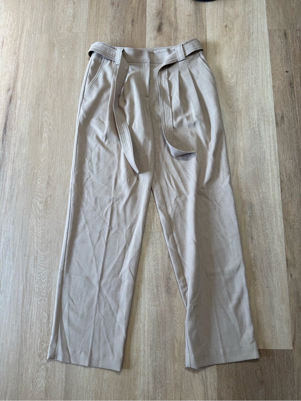 Anthropologie Neutral Beige Straight-Leg Pleated Trousers with Self-Tie